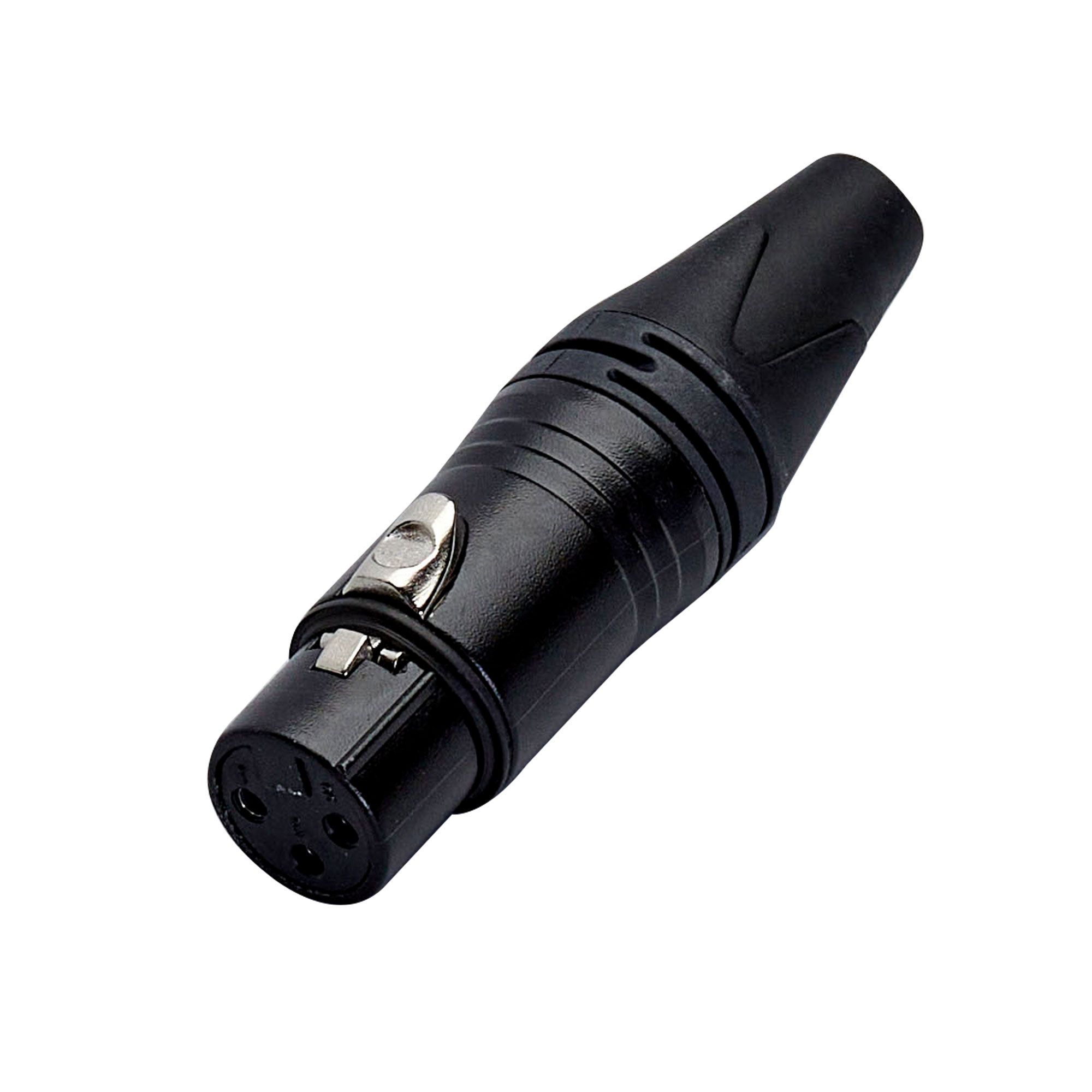 XLR3FXXB – Connettore professionale cannon femmina volante 3 poli con corpo in metallo e pinza interna stringi cavo. Guida cavo in gomma. Colore nero.